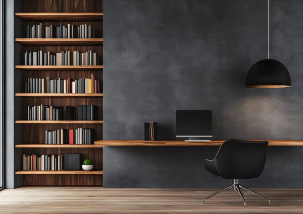 black minimalist office bookshelf The walls are wood and dark gray concrete. furniture